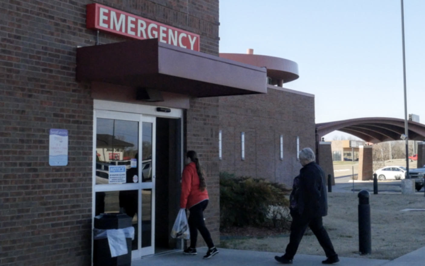Visitors enter an emergency room at a rural Oklahoma hospital.